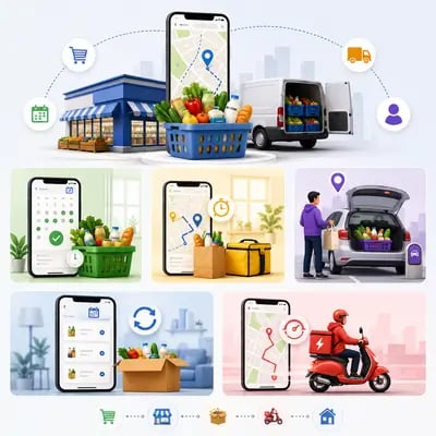 Grocery delivery models showing scheduled, same-day, click-and-collect, recurring, and express order fulfilment workflows.
