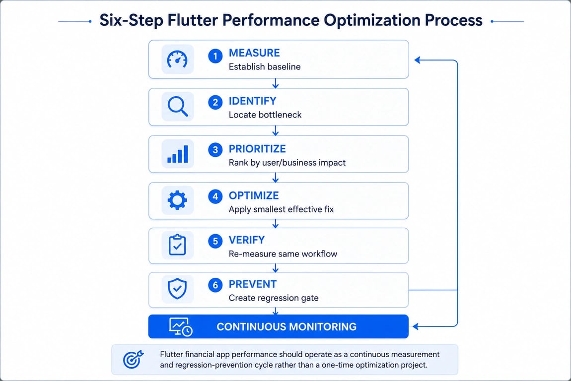 Six-step Flutter performance optimization process with continuous monitoring