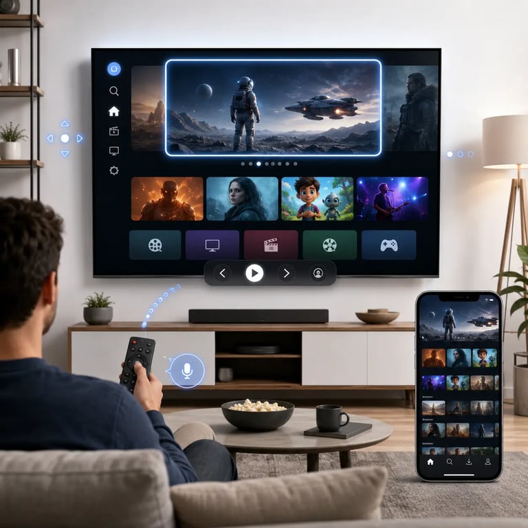 Smart TV app interface showing remote-based focus navigation, voice control and a television-first viewing experience compared with mobile