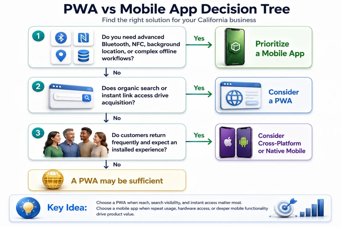 Decision tree for choosing a PWA or mobile app for a California business