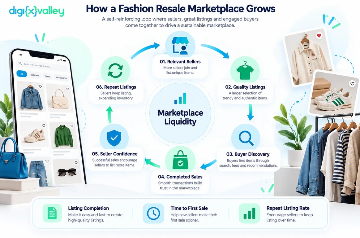 Fashion resale marketplace growth loop connecting sellers, quality listings, buyer discovery, completed sales, and repeat inventory.