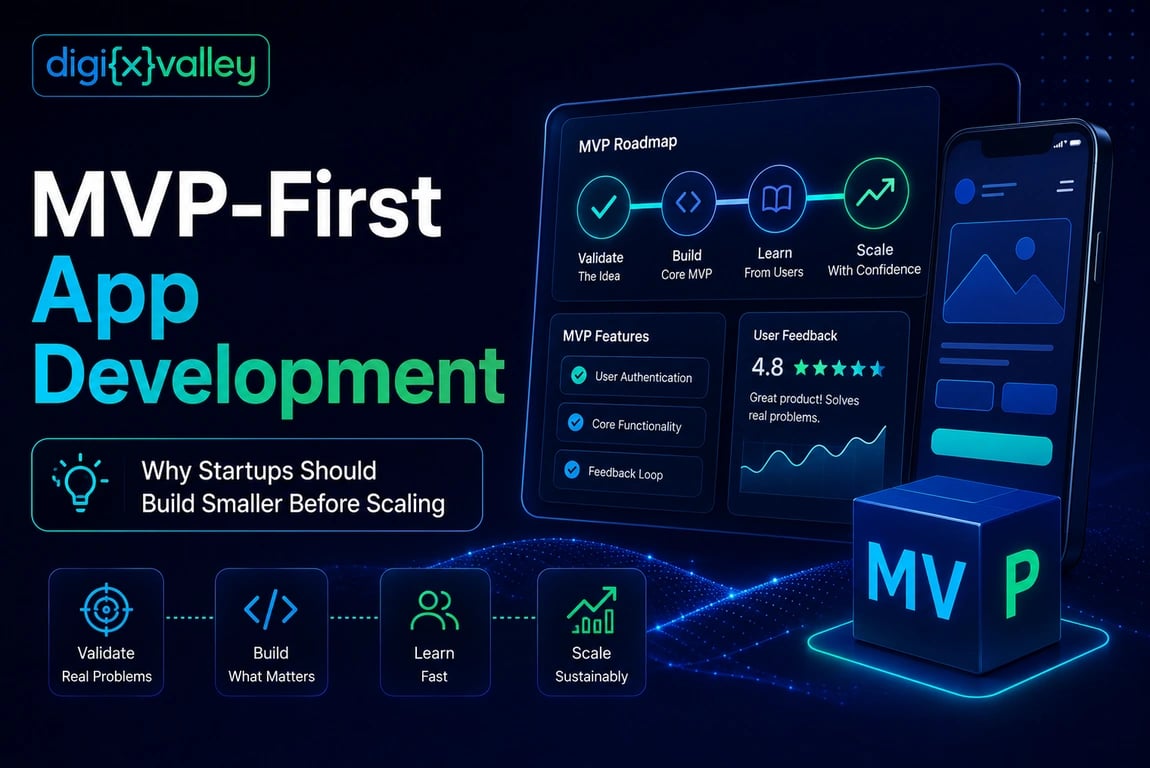 MVP-first app development roadmap showing validation, core product building, user feedback, and scalable startup growth
