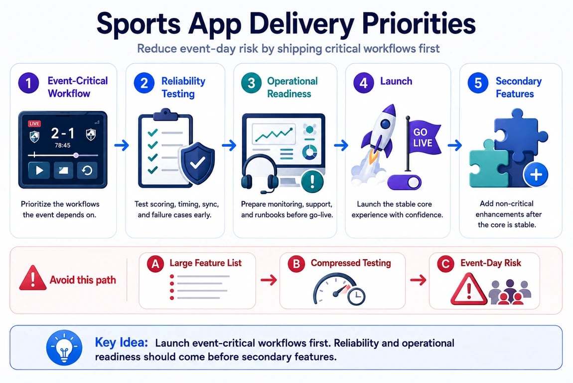 Sports app launch workflow from critical features to reliable launch.