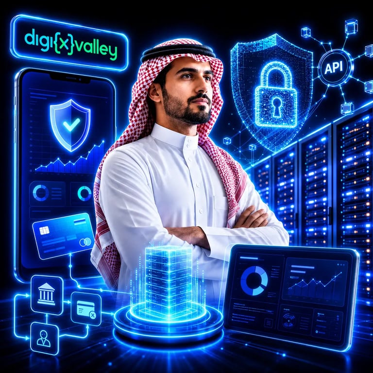 Saudi businessman with secure fintech software, API security, dashboard analytics, and protected payment systems by Digixvalley