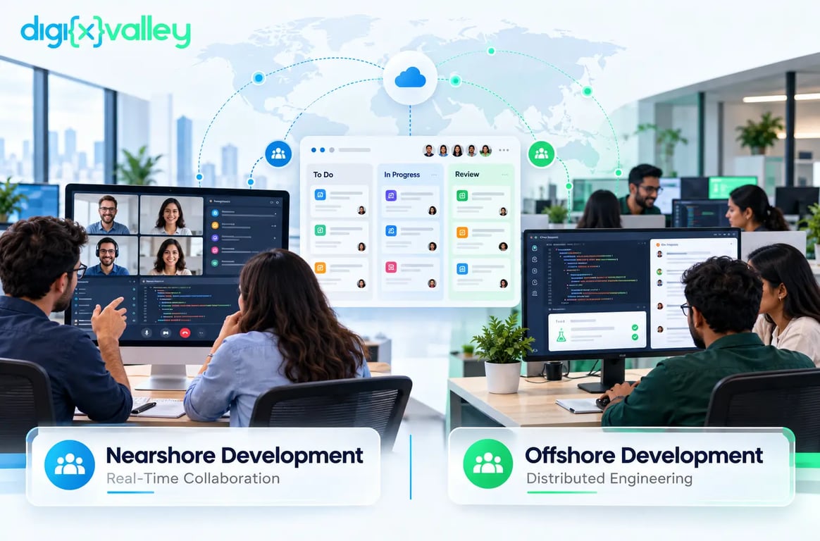 Nearshore and offshore software development teams collaborating through shared engineering workflows