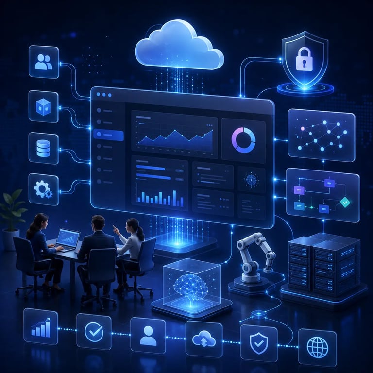 Enterprise software development illustration showing secure cloud systems
