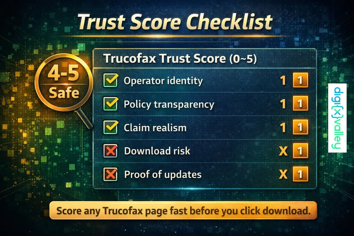 Trucofax Trust Score checklist: operator, policies, claims, downloads, updates