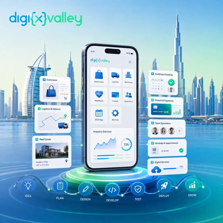 Mobile app development services for Dubai businesses with Digixvalley branding and app workflow visuals