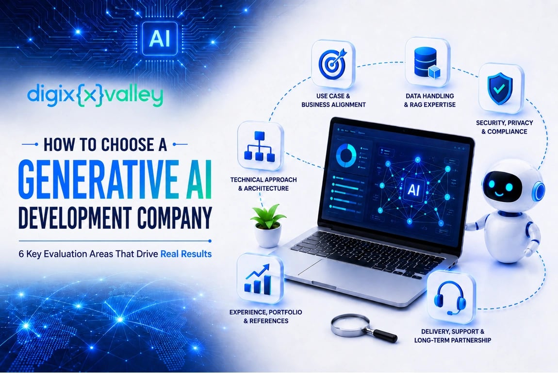 How to choose a Generative AI development company based on architecture, RAG expertise, security, experience, and long-term support.