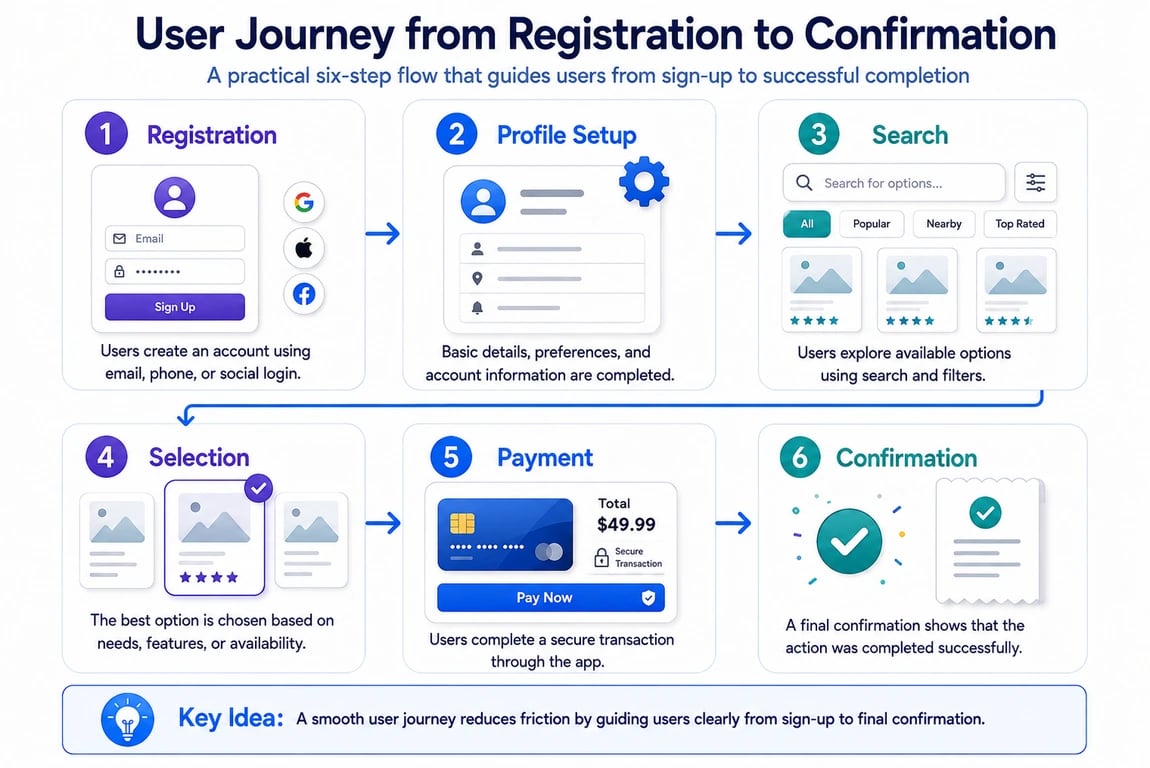 Mobile app user journey from registration and profile setup to search, selection, payment, and confirmation