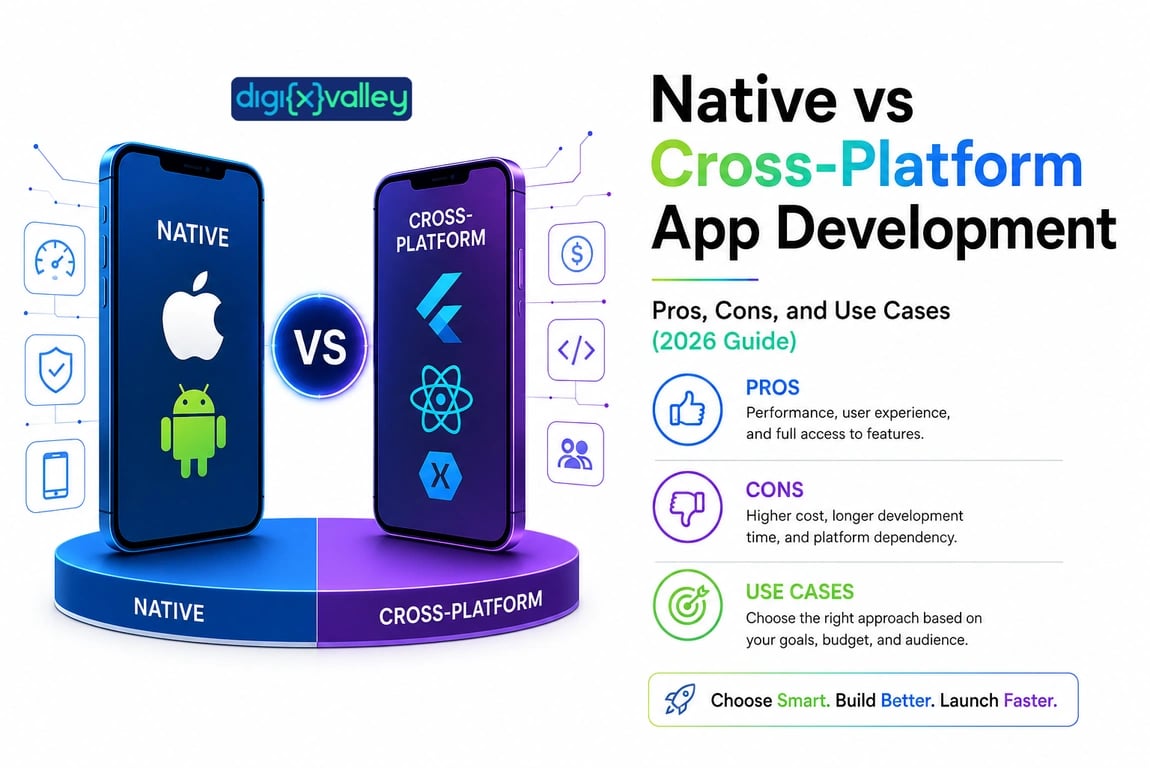 Native vs Cross-Platform App Development infographic by Digixvalley comparing performance, cost, and use cases in the 2026 guide.