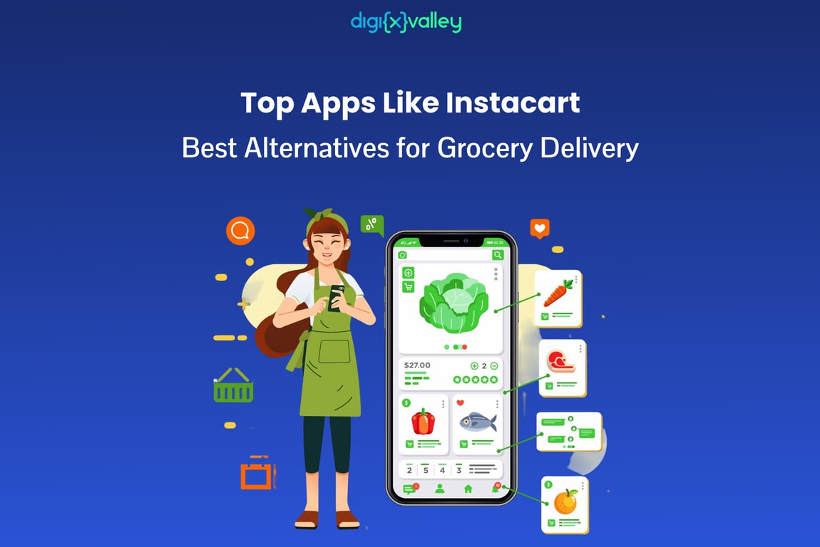Illustration showing top apps like Instacart — Shipt, Walmart Grocery, Amazon Fresh, DoorDash — representing the best grocery delivery alternatives by Digixvalley.