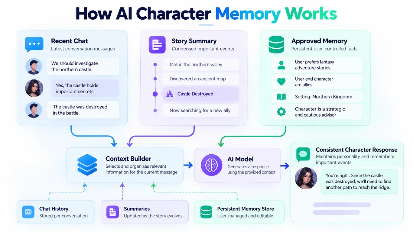 AI character memory system combining recent chat, story summaries and persistent memories to maintain persona consistency