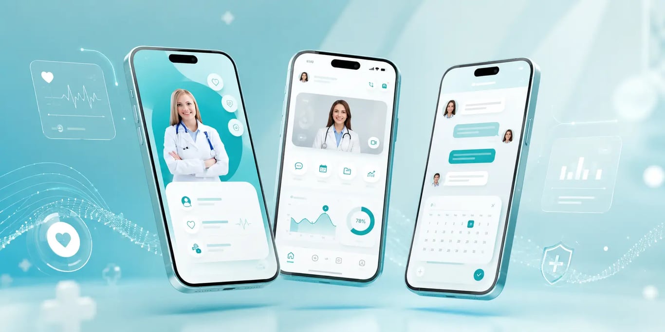 Aletha Health remote patient care mobile app UI showing doctor consultation, health dashboard, and appointment scheduling screens