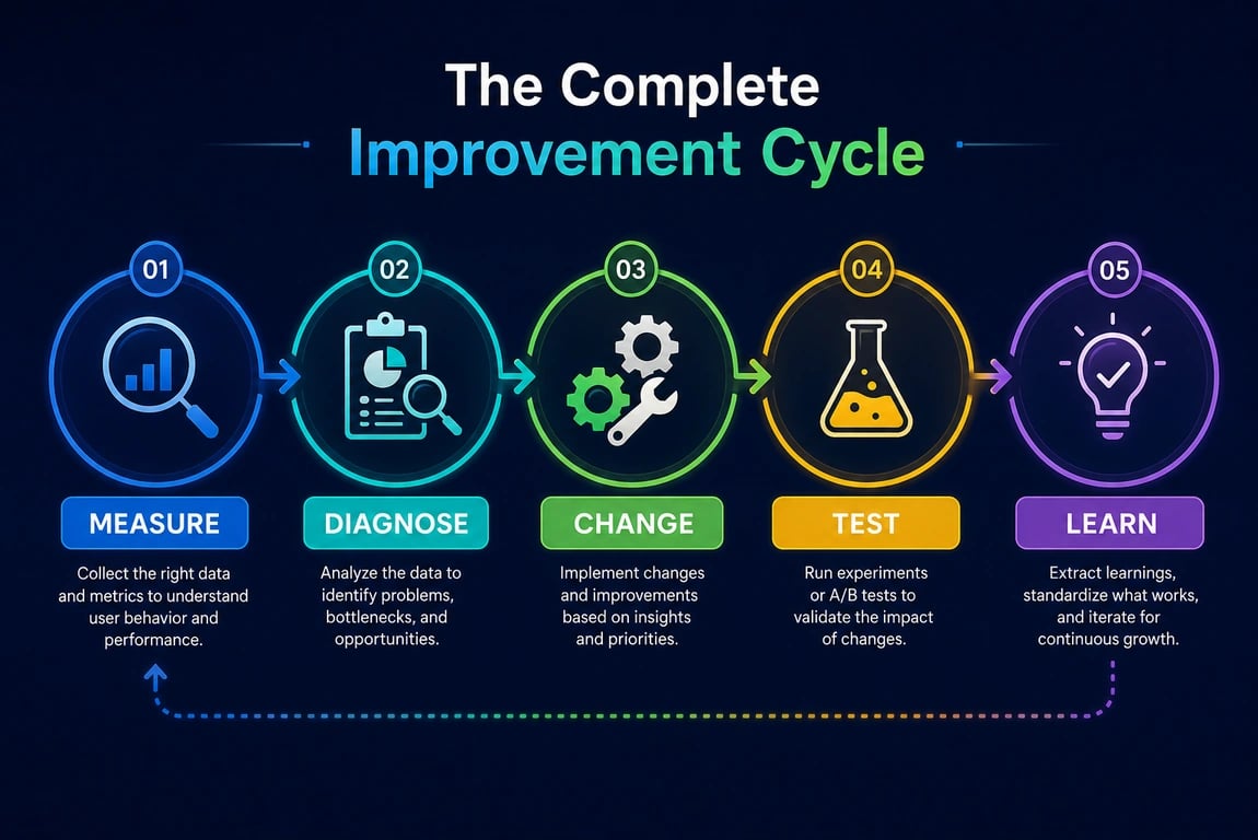 Five-step mobile app analytics improvement cycle showing Measure, Diagnose, Change, Test and Learn in a continuous process.