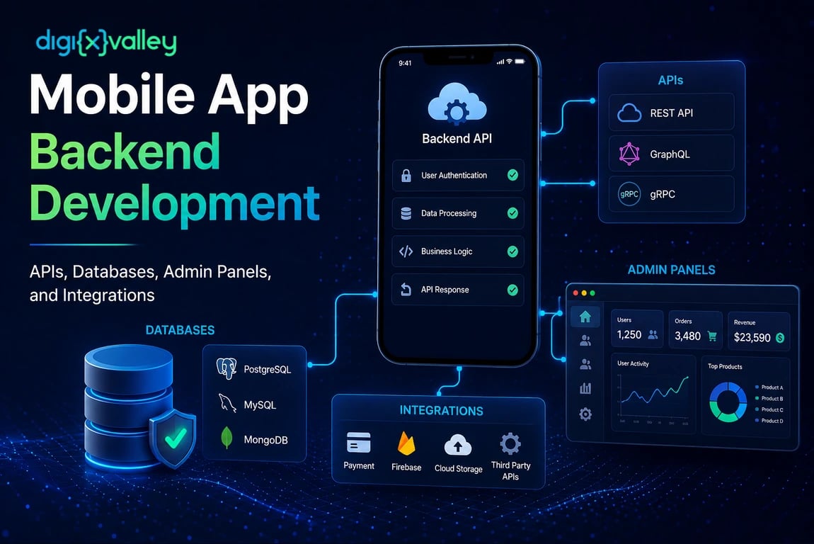 Mobile app backend development process showing APIs, database, and admin panel