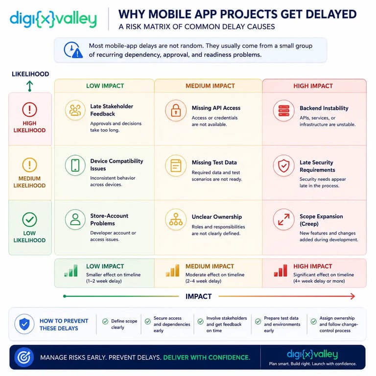 Digixvalley mobile app project delay risk matrix showing how unclear scope, missing API access, backend instability, late security requirements, scope expansion, and stakeholder delays affect project timelines.