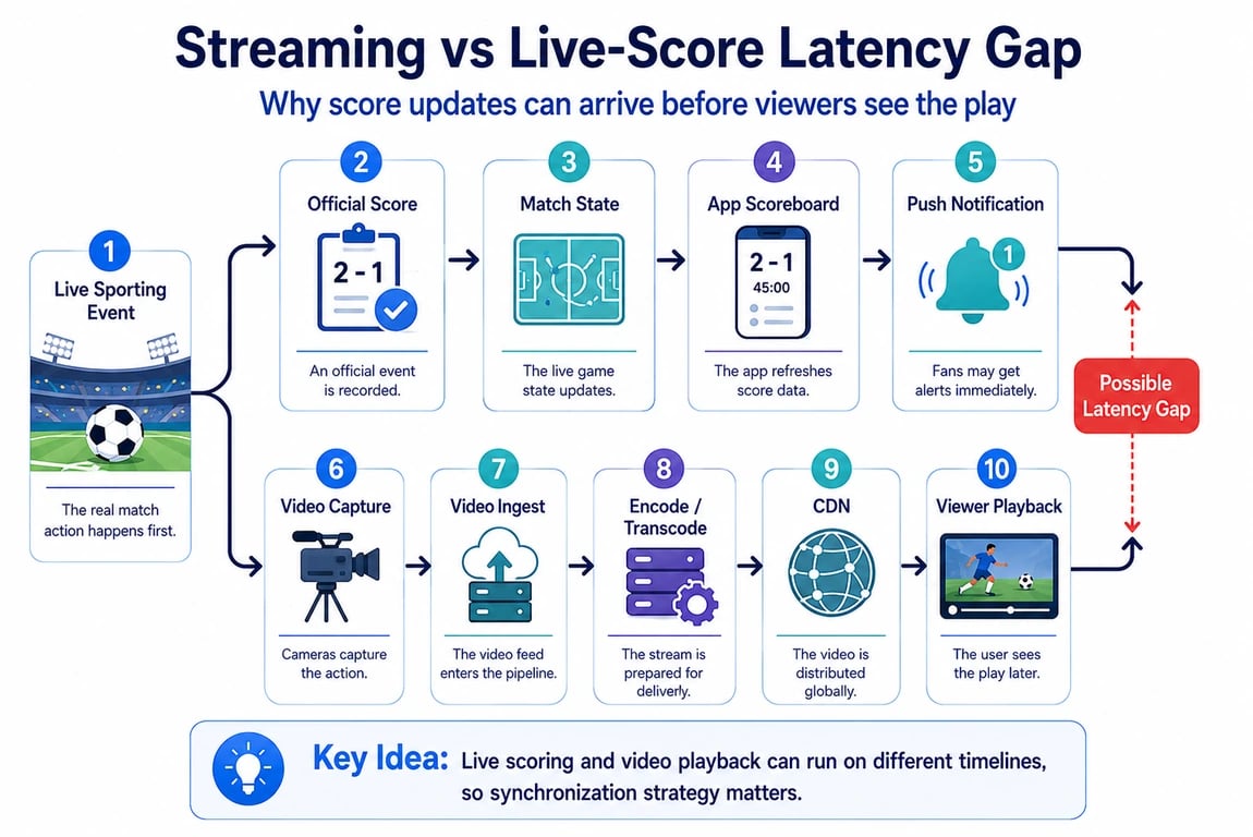 Streaming vs live-score latency gap showing how score updates, push notifications, video capture, CDN delivery, and viewer playback can fall out of sync.