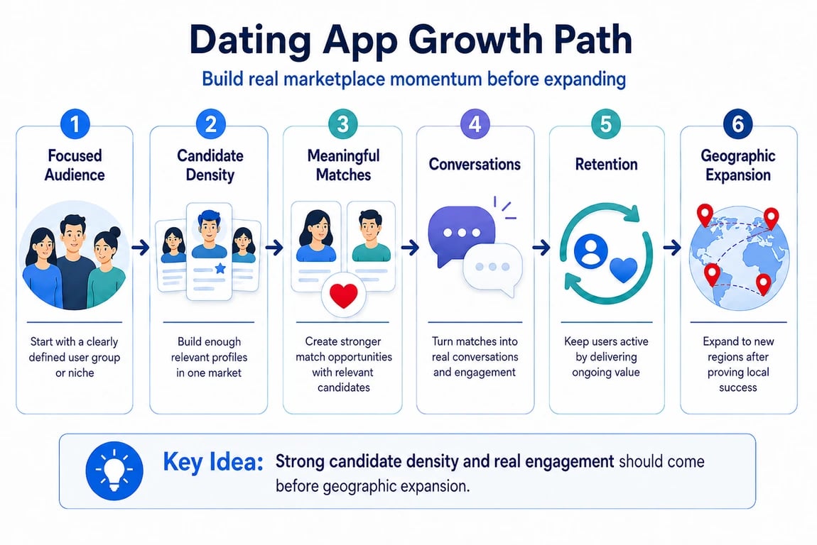 Dating app growth sequence from focused audience to geographic expansion.
