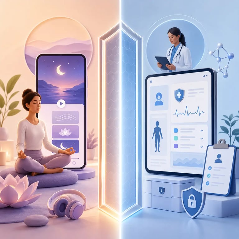 Meditation app visual separating general wellness practices from clinical healthcare features, data protection and professional oversight