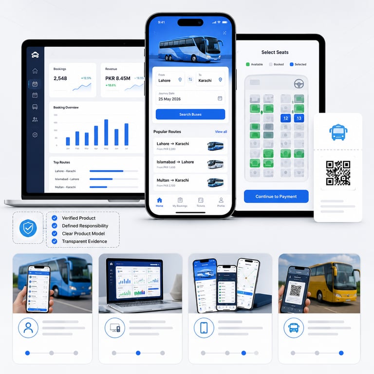 Bus booking platform interfaces showing passenger booking, seat selection, operator dashboard, QR ticketing, and verified product evidence