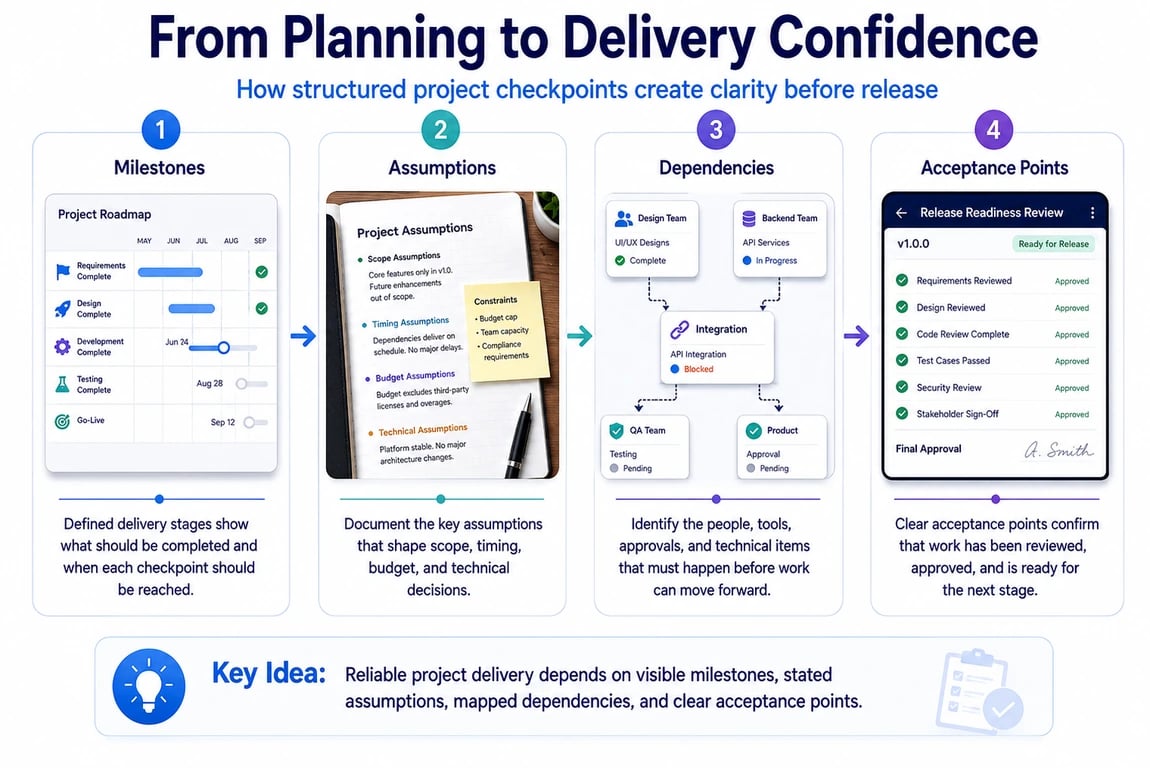 Project delivery framework showing milestones, assumptions, dependencies, and acceptance points from planning to release.