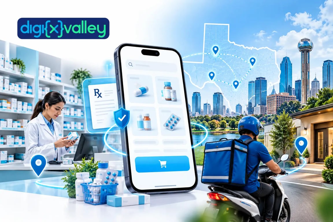 Medicine delivery app development in Texas with pharmacy, mobile ordering, prescription workflow and last-mile delivery