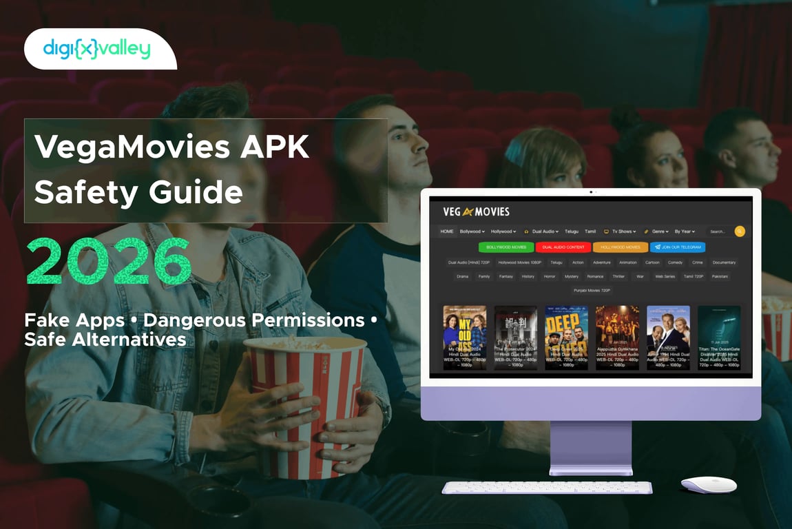 VegaMovies APK safety guide showing fake app risks, dangerous permissions, and legal alternatives