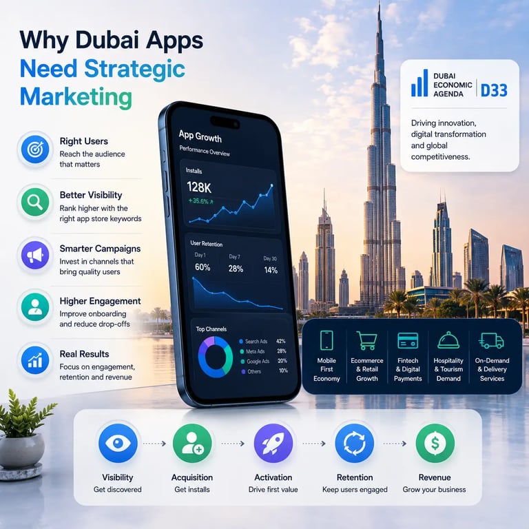 Strategic app marketing in Dubai with mobile growth analytics and Dubai skyline