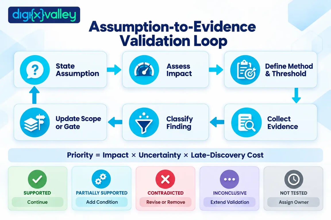 Mobile app assumption to evidence validation loop
