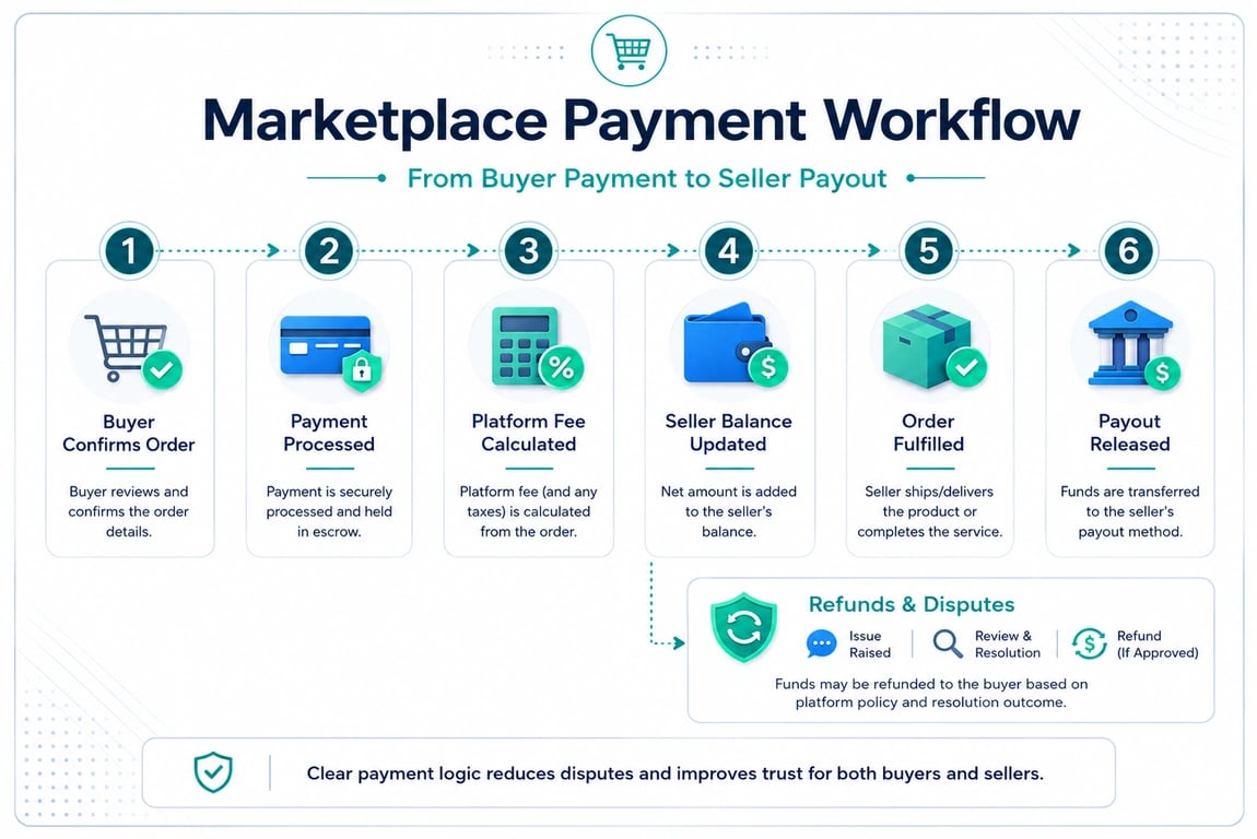 Marketplace payment workflow from buyer payment to commission calculation, seller balance and payout