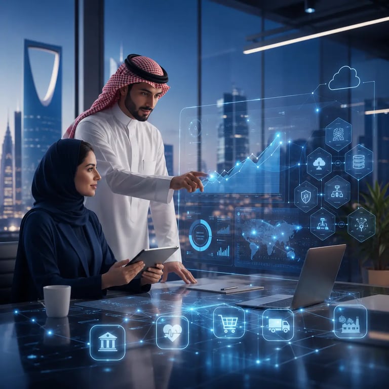 Saudi professionals using modern software dashboards to support digital growth and enterprise transformation in KSA