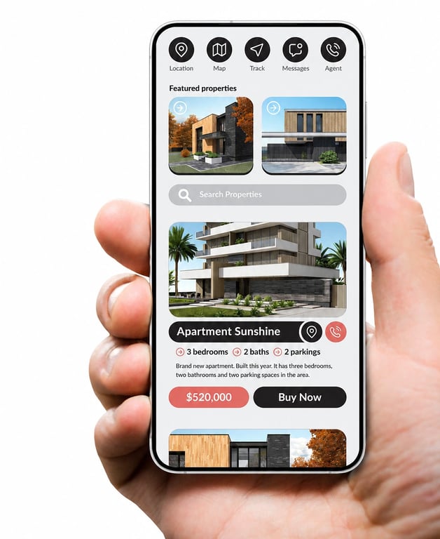 Real estate app with property listings on a smartphone.