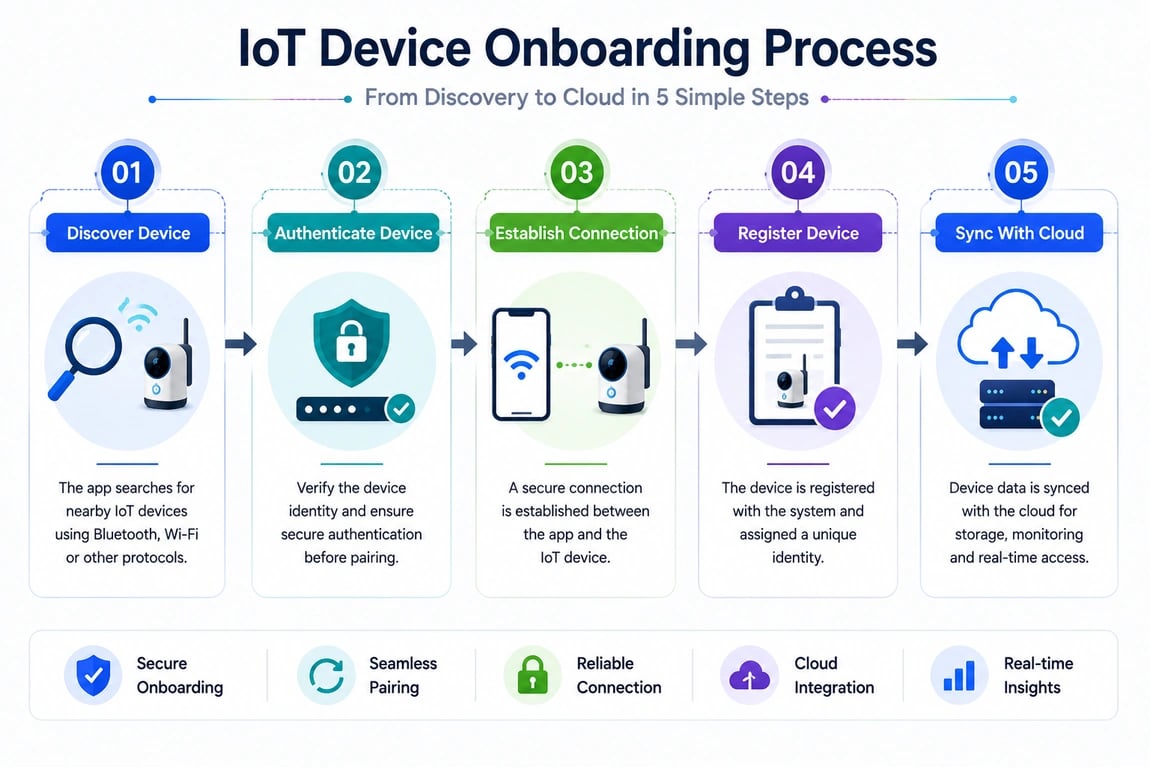 IoT device onboarding process showing five steps: device discovery, authentication, connection setup, device registration, and cloud synchronization.