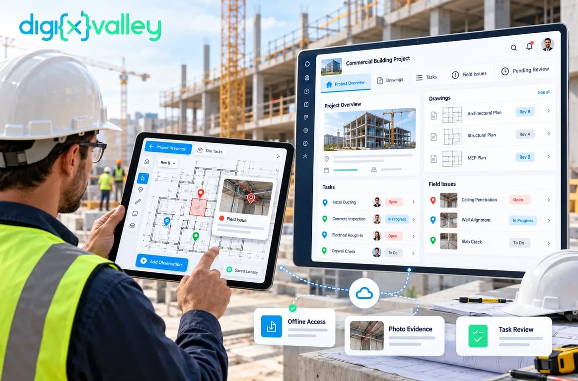 Construction supervisor using a tablet-based drawing and task management app connected to an office project dashboard.