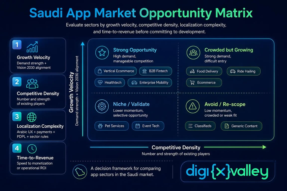 Saudi App Market Opportunity Matrix showing growth velocity, competitive density, localization complexity, and time-to-revenue as app market entry factors.
