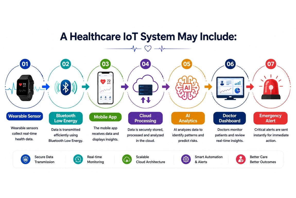 Healthcare IoT system workflow showing wearable sensors, Bluetooth transmission, mobile app monitoring, cloud processing, AI analytics, doctor dashboard, and emergency alerts.