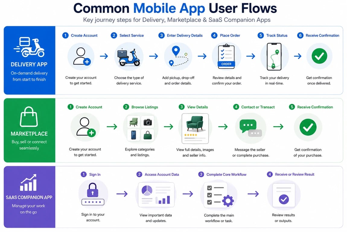 Mobile app user flow infographic for delivery, marketplace, and SaaS companion app journeys