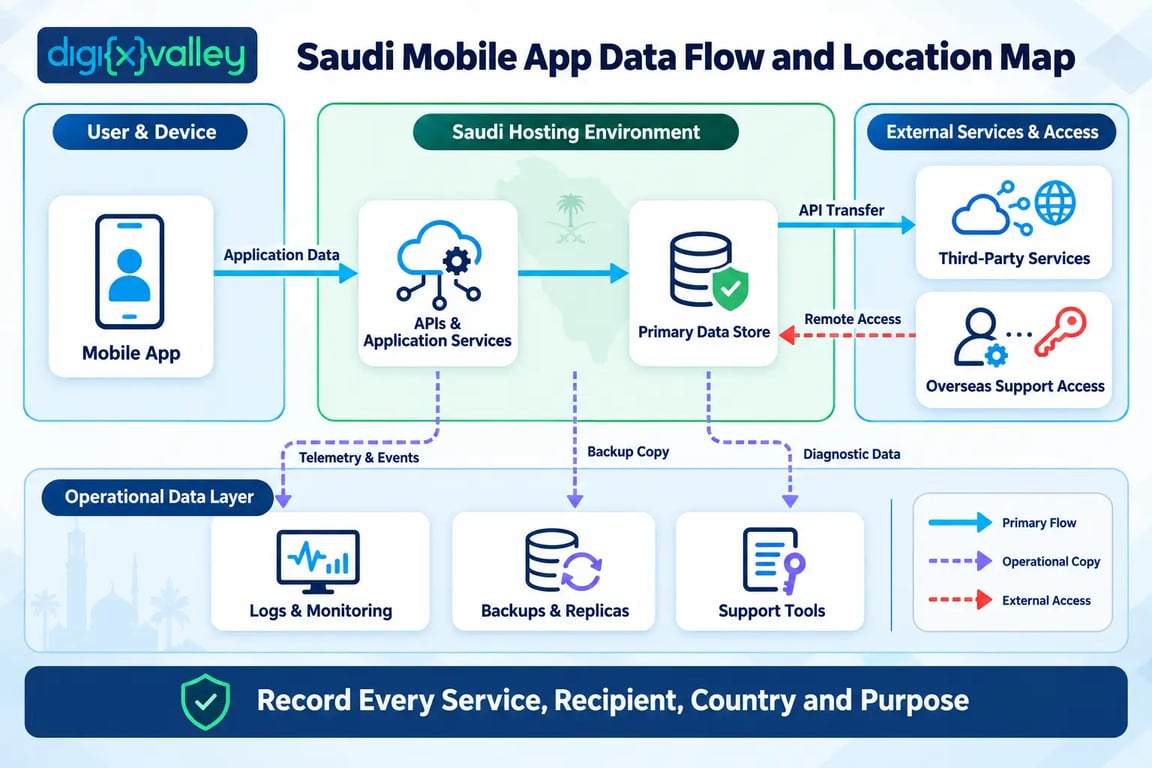 Saudi mobile app data flow and hosting location map
