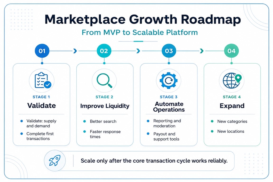 Marketplace growth roadmap from MVP validation to liquidity, automation and expansion