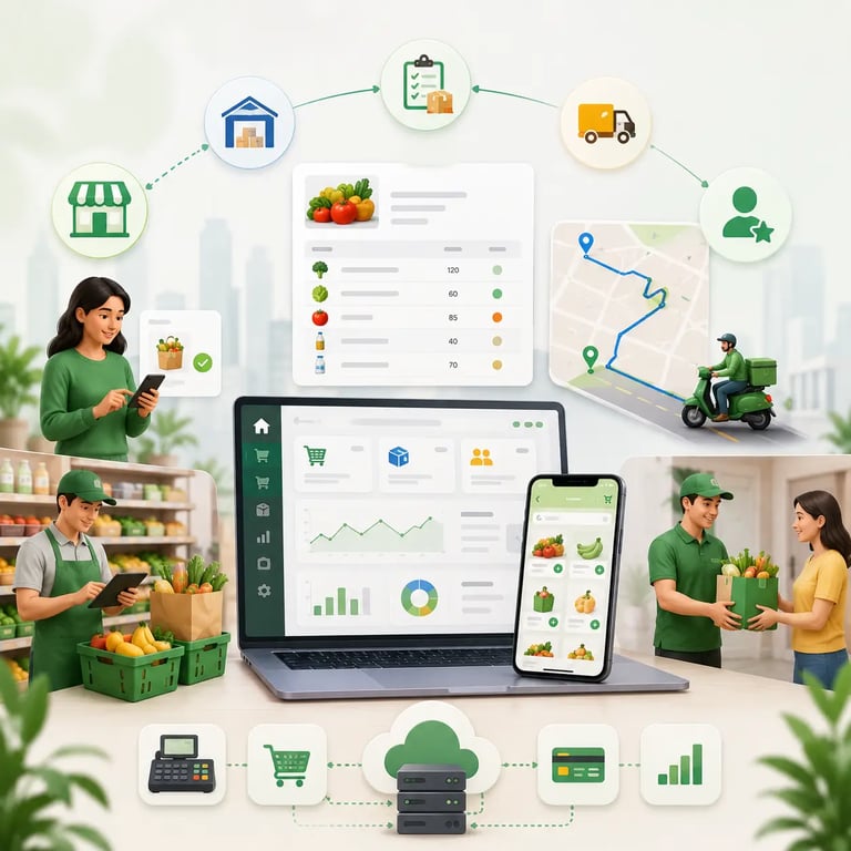 Grocery delivery platform planning ecosystem showing customer ordering, store inventory, fulfilment workflows, delivery routing, payments, and backend integrations.