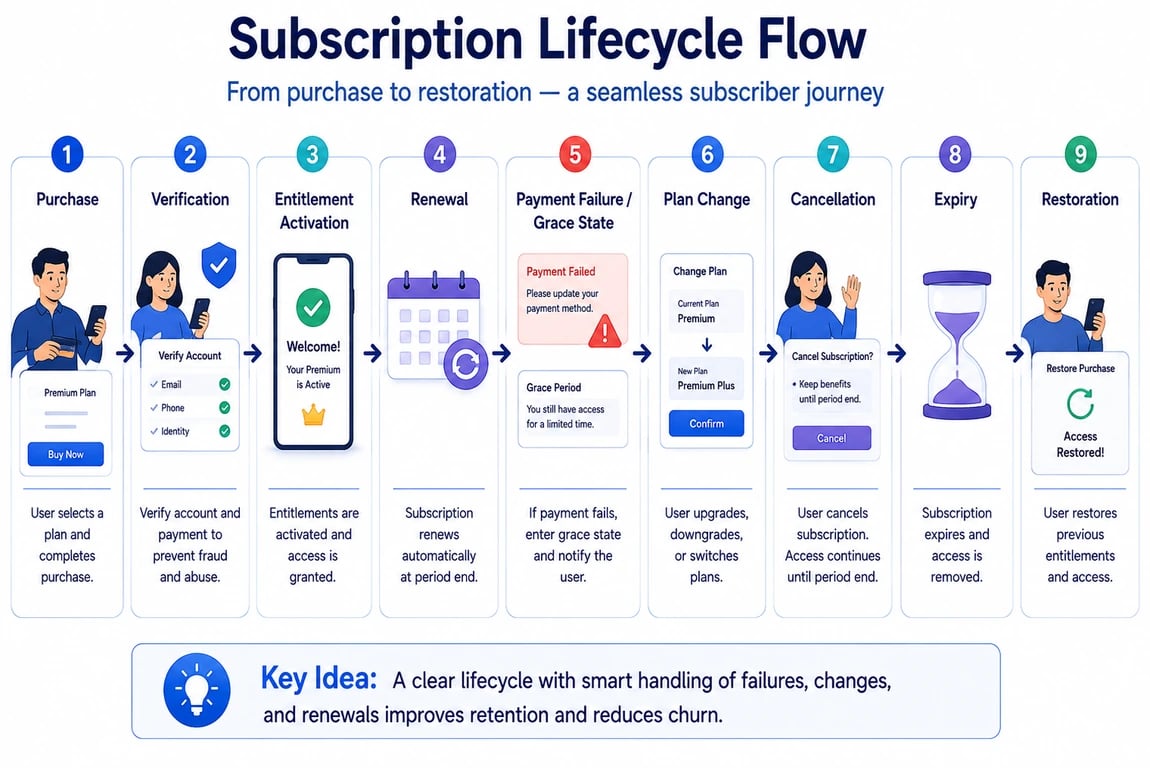 Subscription lifecycle flow from purchase and verification to renewal, cancellation, expiry, and restoration.