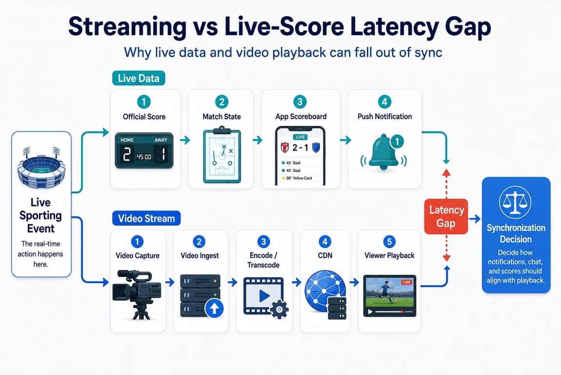 Live data and video stream paths showing the possible latency gap before a sports app makes a synchronization decision.