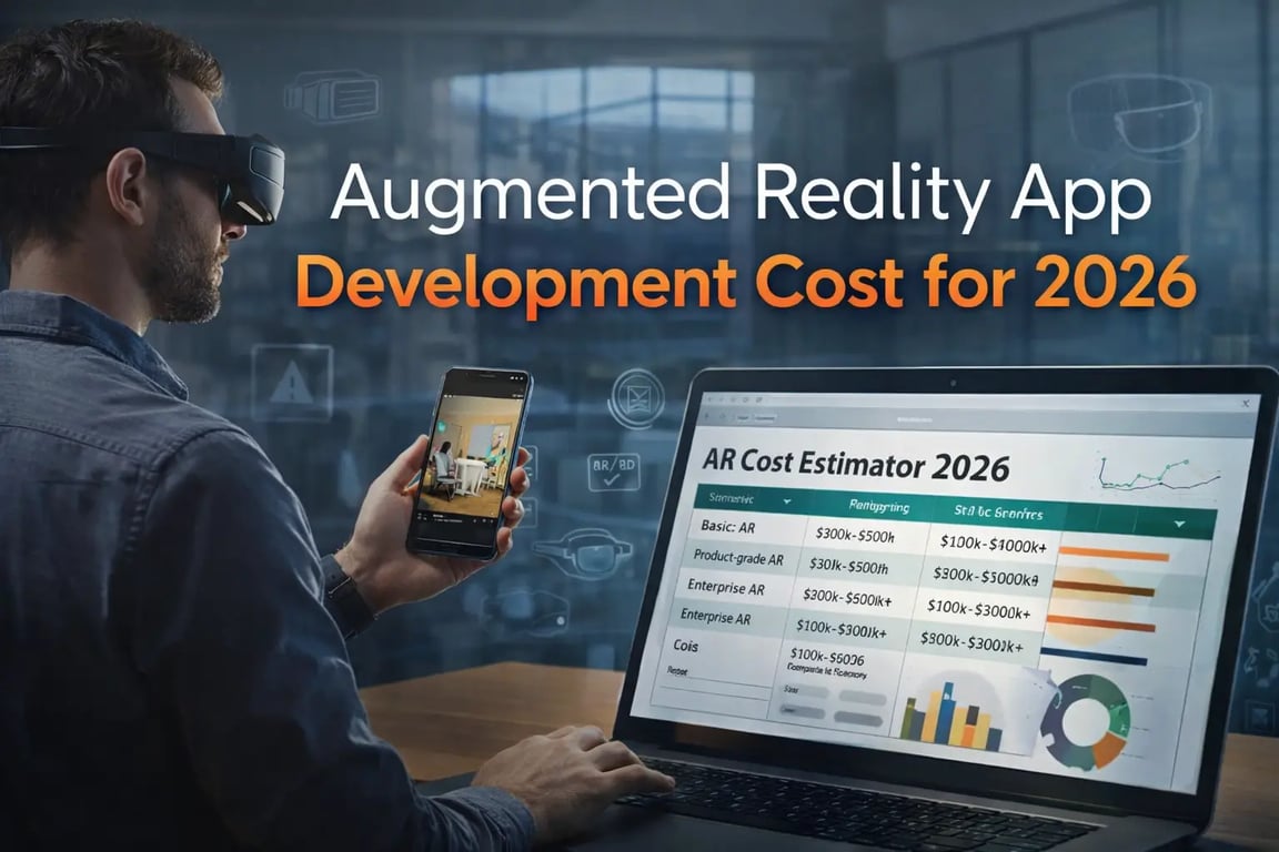 Augmented reality app development cost for 2026 banner showing AR headset, smartphone AR demo, and cost estimator dashboard