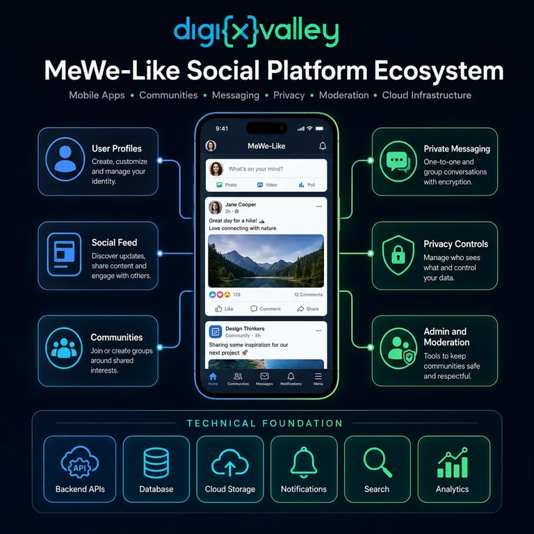 MeWe-like social platform ecosystem infographic showing a central mobile app connected to user profiles, social feed, communities, private messaging, privacy controls, admin moderation, and the technical foundation including backend APIs, database, cloud storage, notifications, search, and analytics