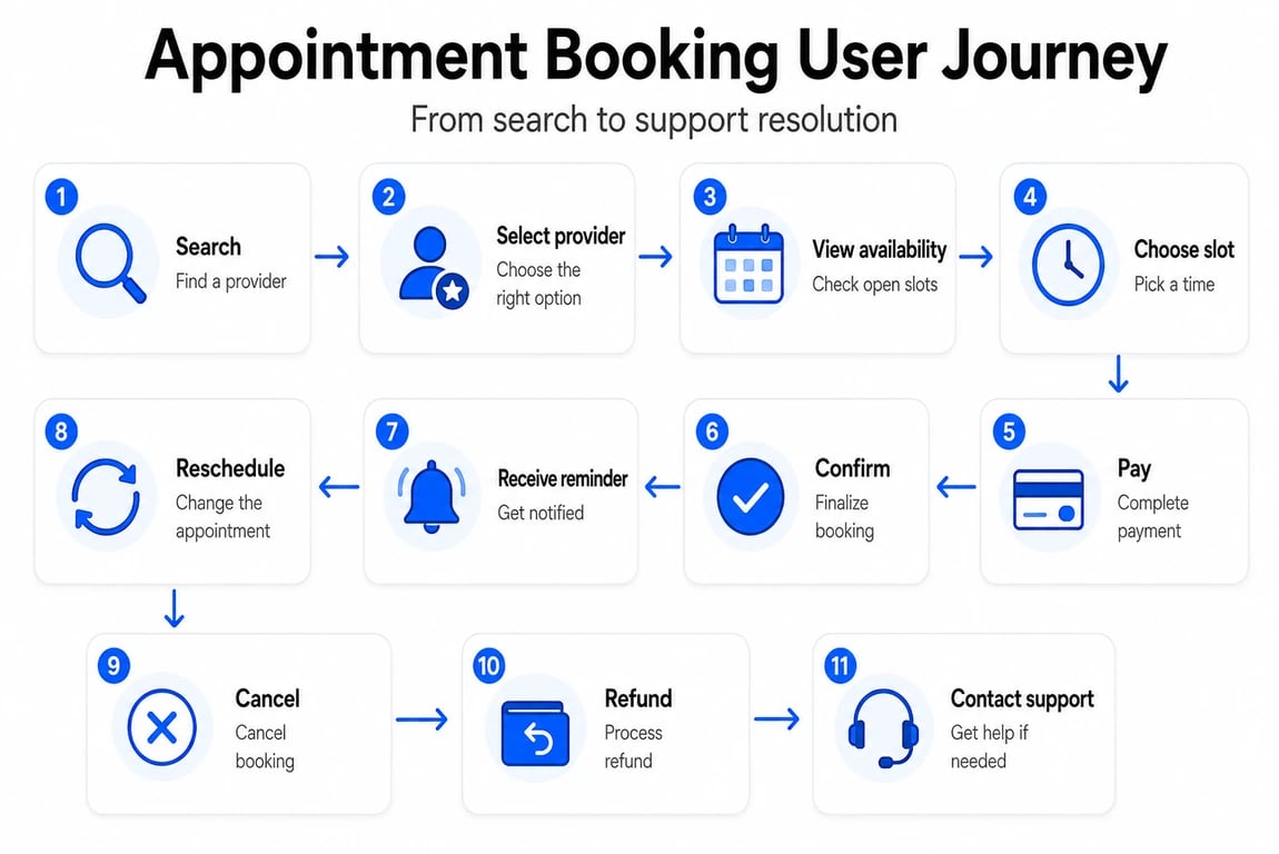 Appointment booking user journey showing search, provider selection, availability, booking, payment, confirmation, reminders, rescheduling, cancellation, refunds, and support.