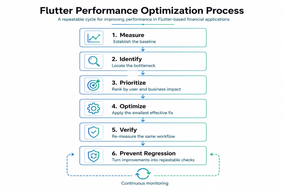 Flutter performance optimization cycle showing measure, identify, prioritize, optimize, verify, and prevent regression on a white background