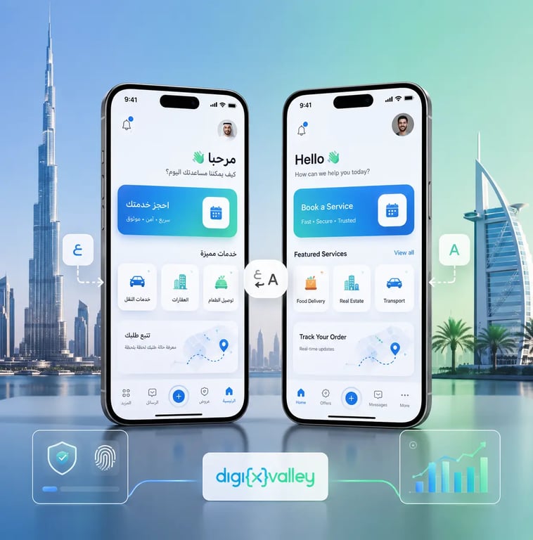Arabic and English mobile app UX for Dubai users with bilingual app interface and Digixvalley branding