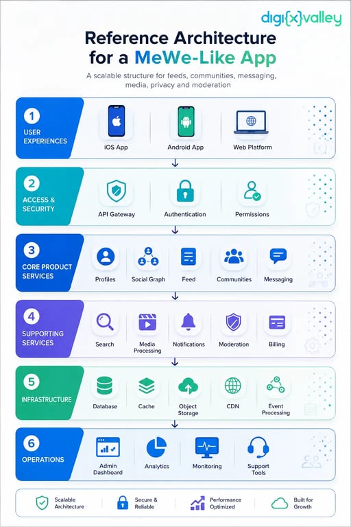 Reference architecture for a MeWe-like app showing user applications, API security, profiles, social graph, feeds, communities, messaging, media, moderation, databases, analytics, monitoring, and support tools.
