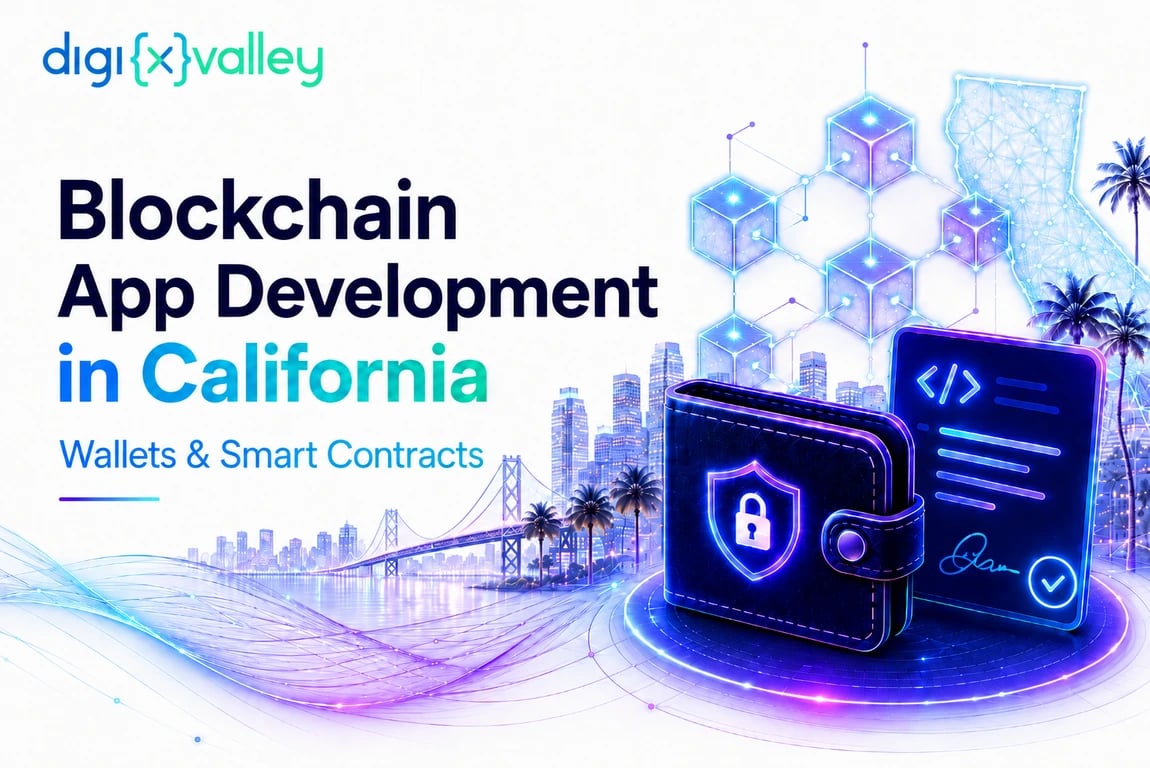 Blockchain app development in California banner showing a digital wallet, smart contract, California map, and Digixvalley branding.